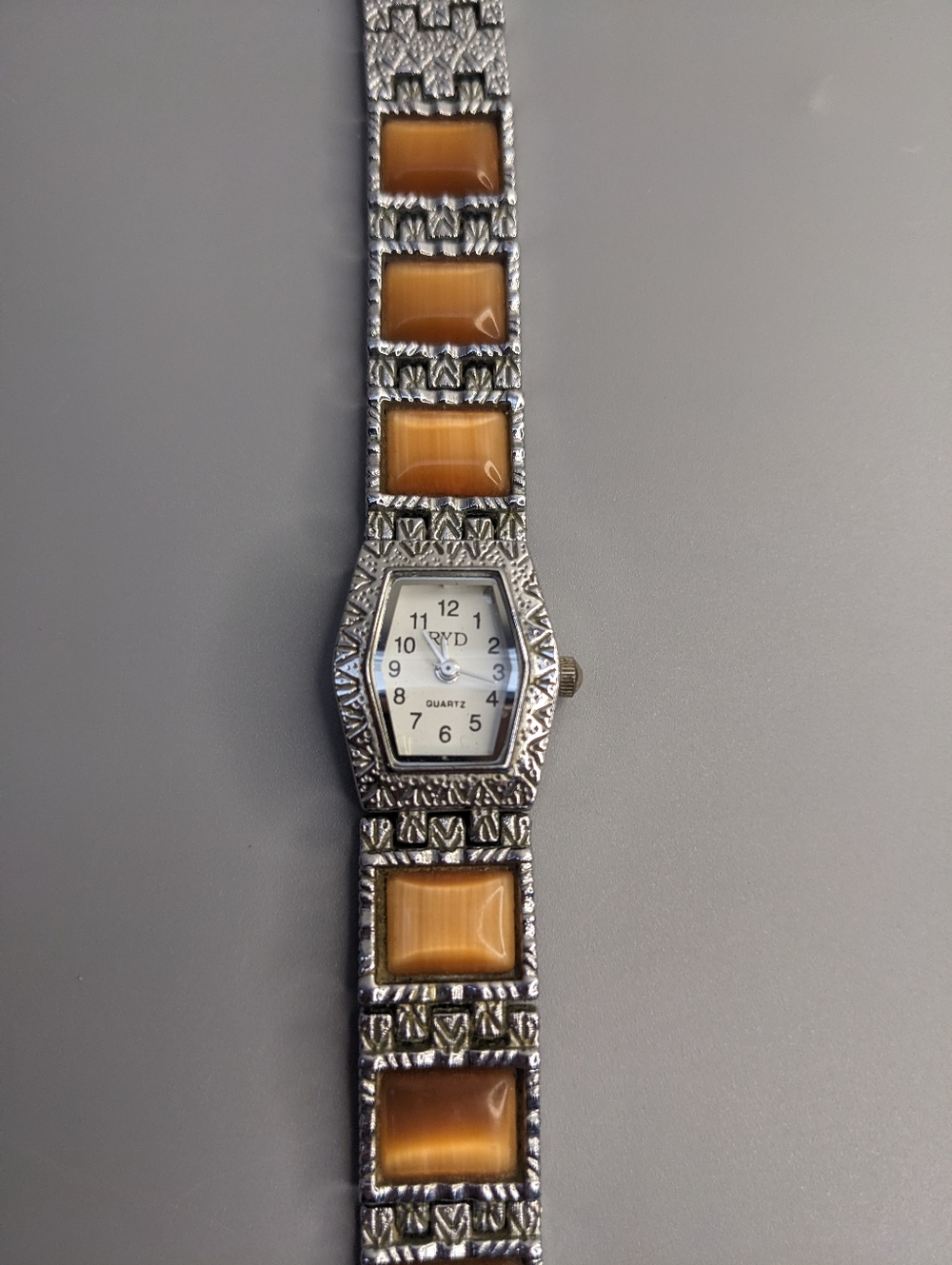 Rydquist Watch Silver Tone Bracelet Orange Stone Panels Southwestern Style